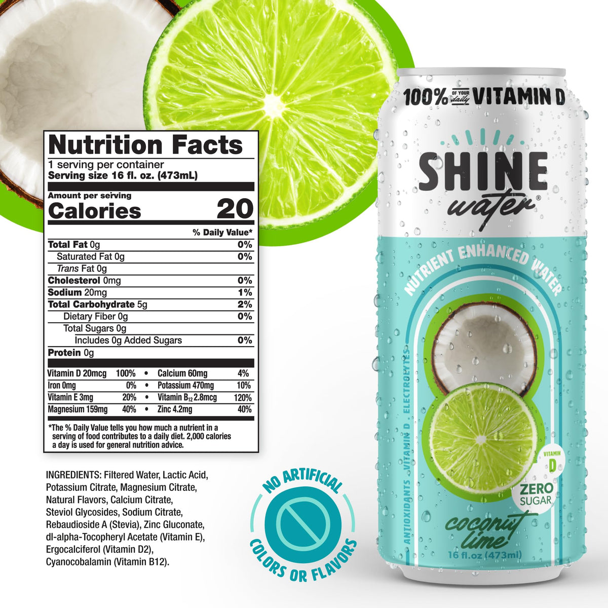 ShineWater Coconut Lime Vitamin D Electrolyte Drinks 12-Pack – Zero Sugar & Low Calorie Hydration