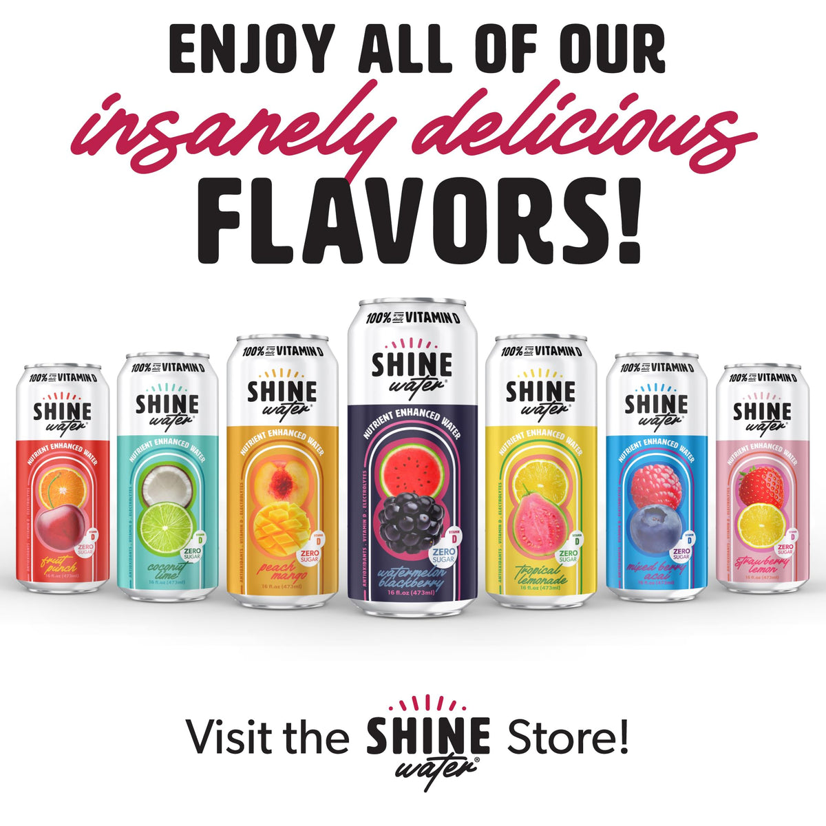 ShineWater Watermelon Blackberry Vitamin D Electrolyte Drink 12-Pack | Zero Sugar, Low-Cal Hydration