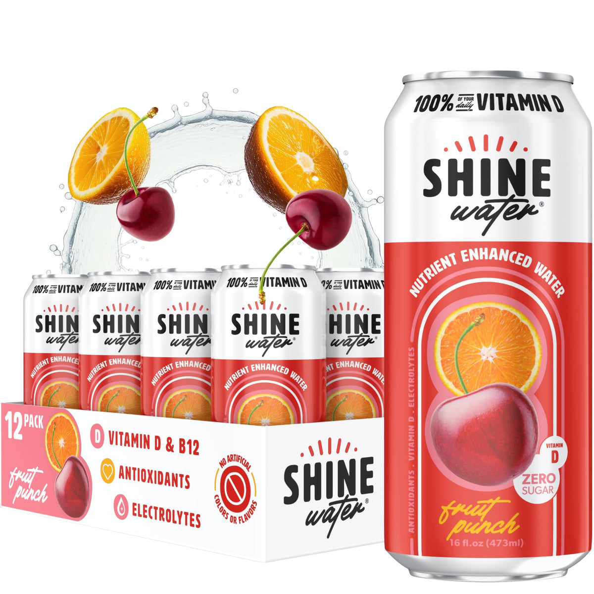 ShineWater Fruit Punch Vitamin D Electrolyte Drink – Zero Sugar, Low-Calorie Hydration 12-Pack