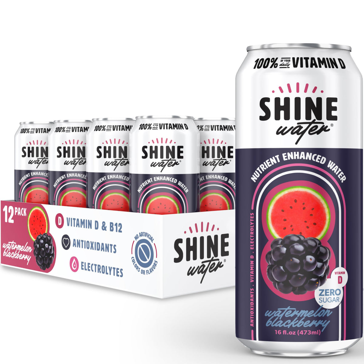 ShineWater Watermelon Blackberry Vitamin D Electrolyte Drink 12-Pack | Zero Sugar, Low-Cal Hydration