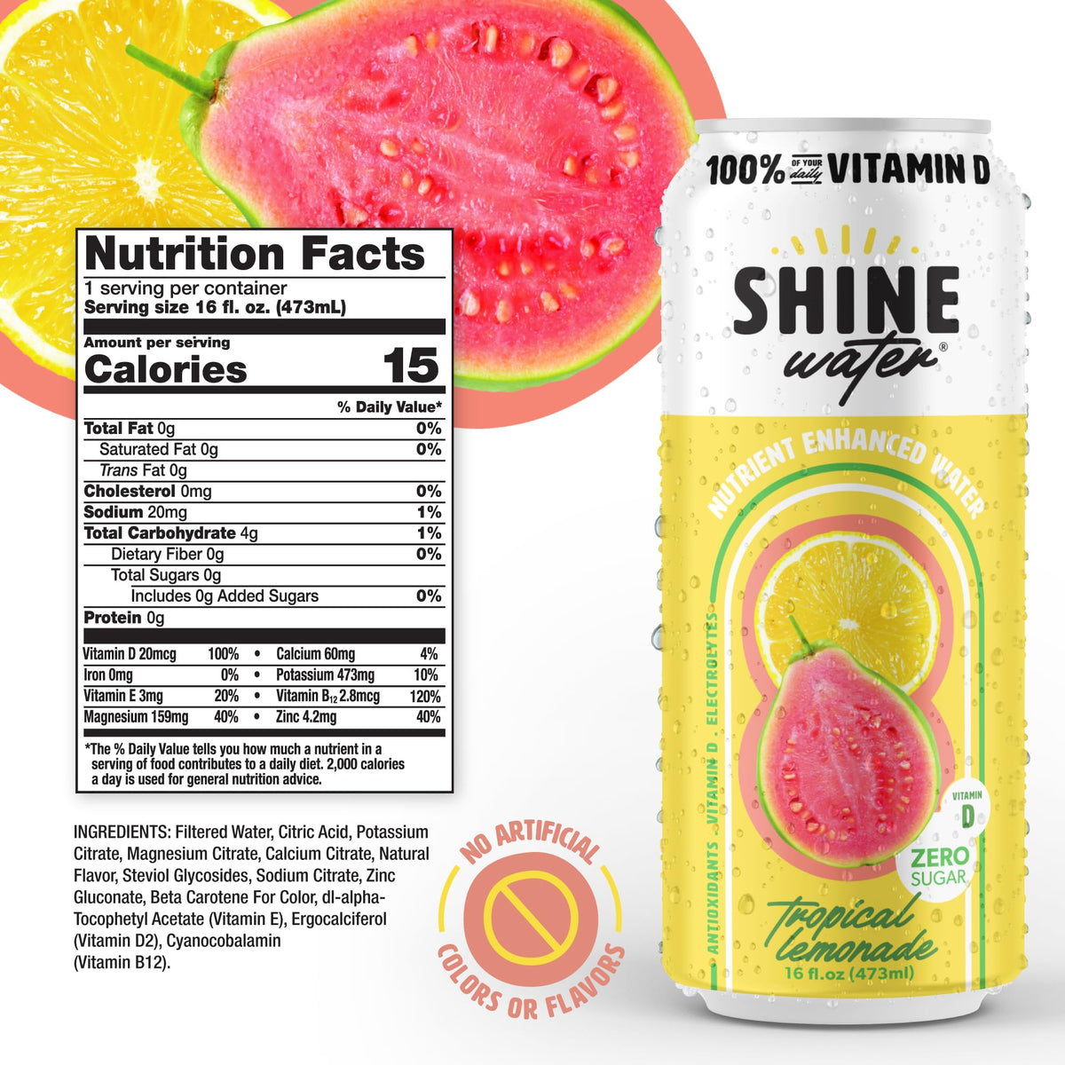 ShineWater Tropical Lemonade Vitamin D Electrolyte Drink 12-Pack – Zero Sugar, Low Calorie