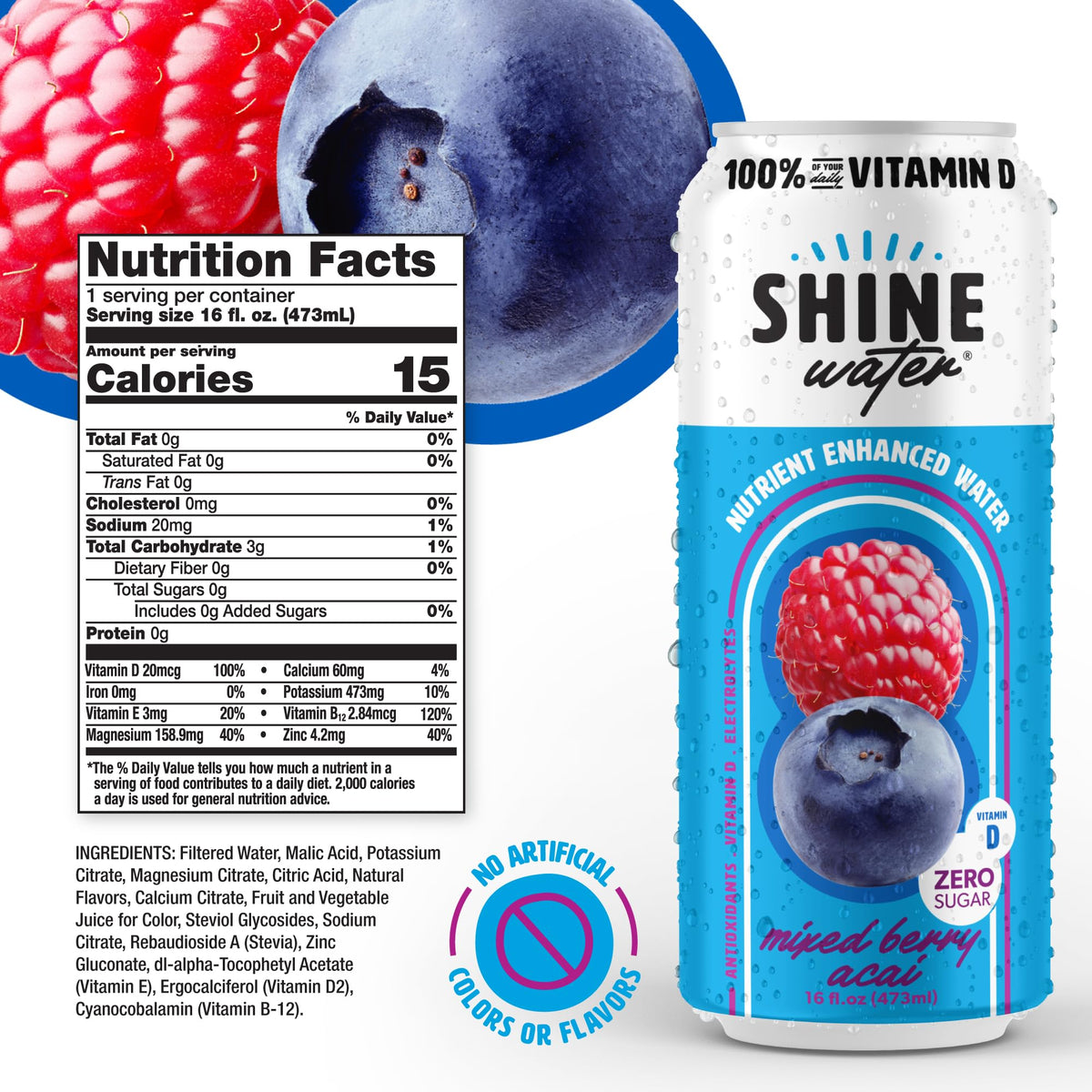 ShineWater Mixed Berry Acai Vitamin D Electrolyte Drink | Zero Sugar Hydration