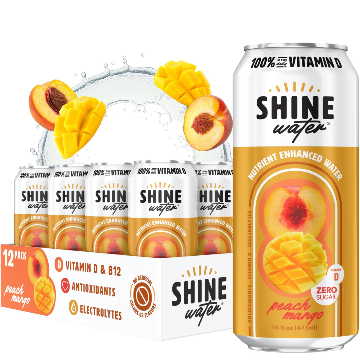 ShineWater Peach Mango Vitamin D Electrolyte Drink – Zero Sugar, Low-Calorie Hydration (12-Pack)