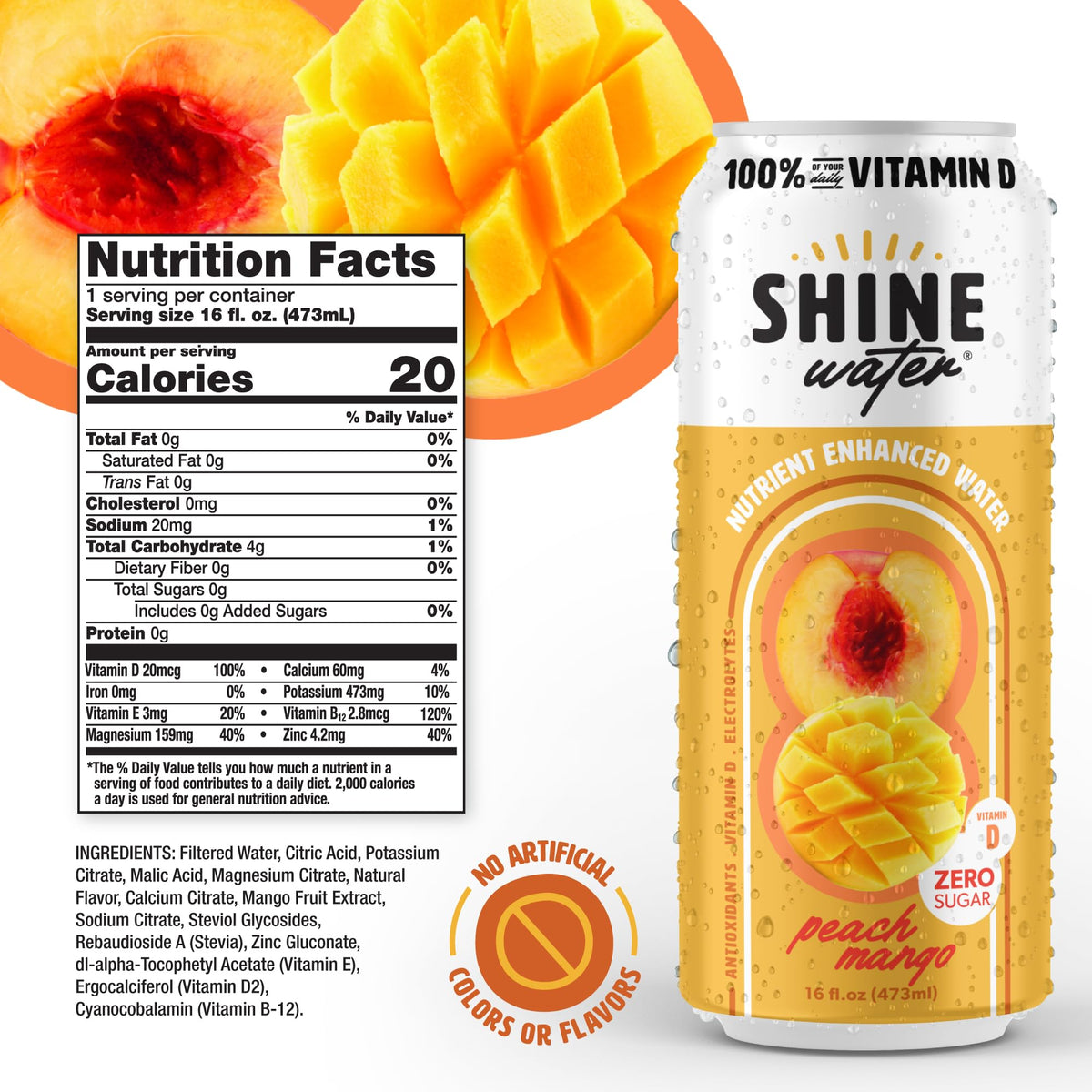 ShineWater Peach Mango Vitamin D Electrolyte Drink – Zero Sugar, Low-Calorie Hydration (12-Pack)