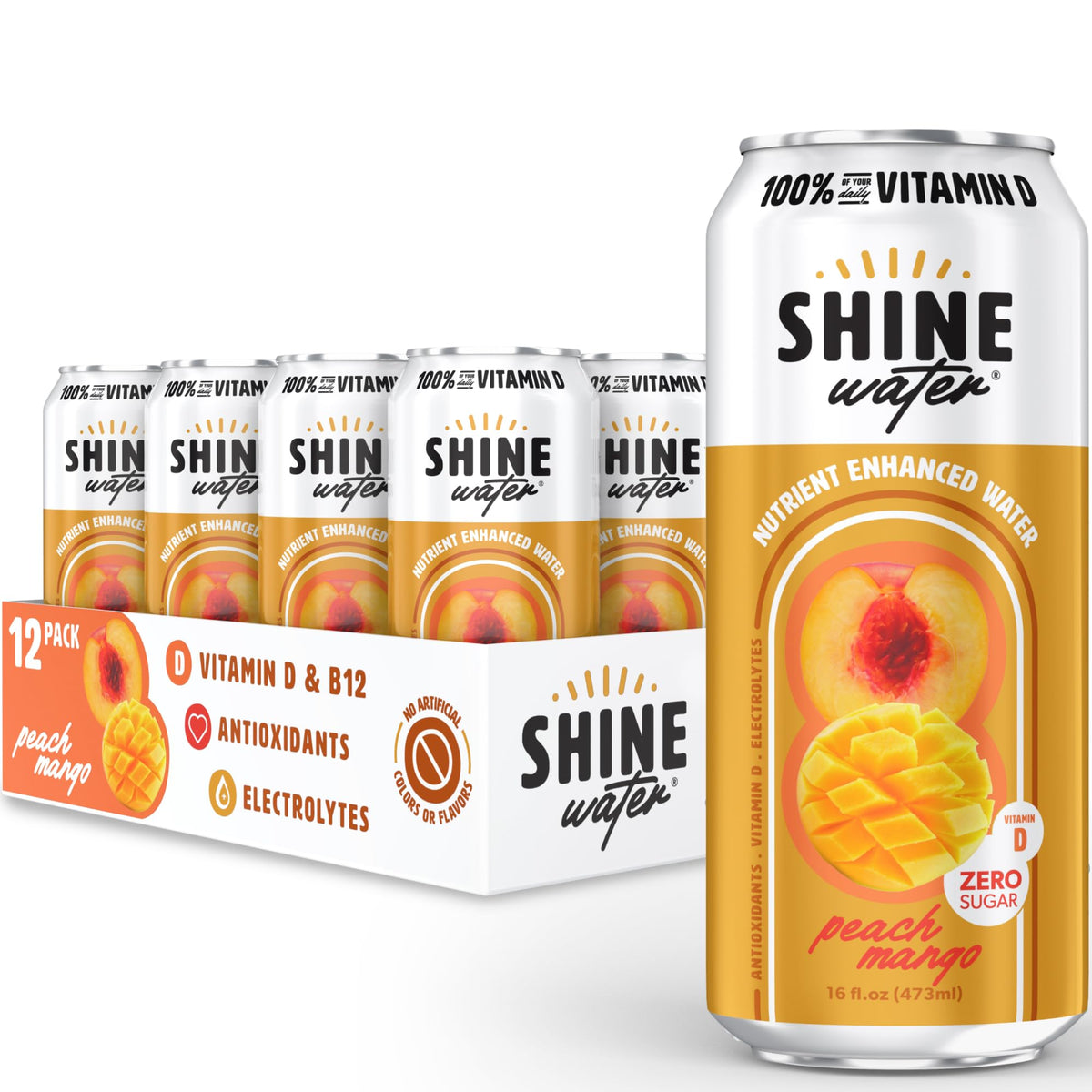 ShineWater Peach Mango Vitamin D Electrolyte Drink – Zero Sugar, Low-Calorie Hydration (12-Pack)