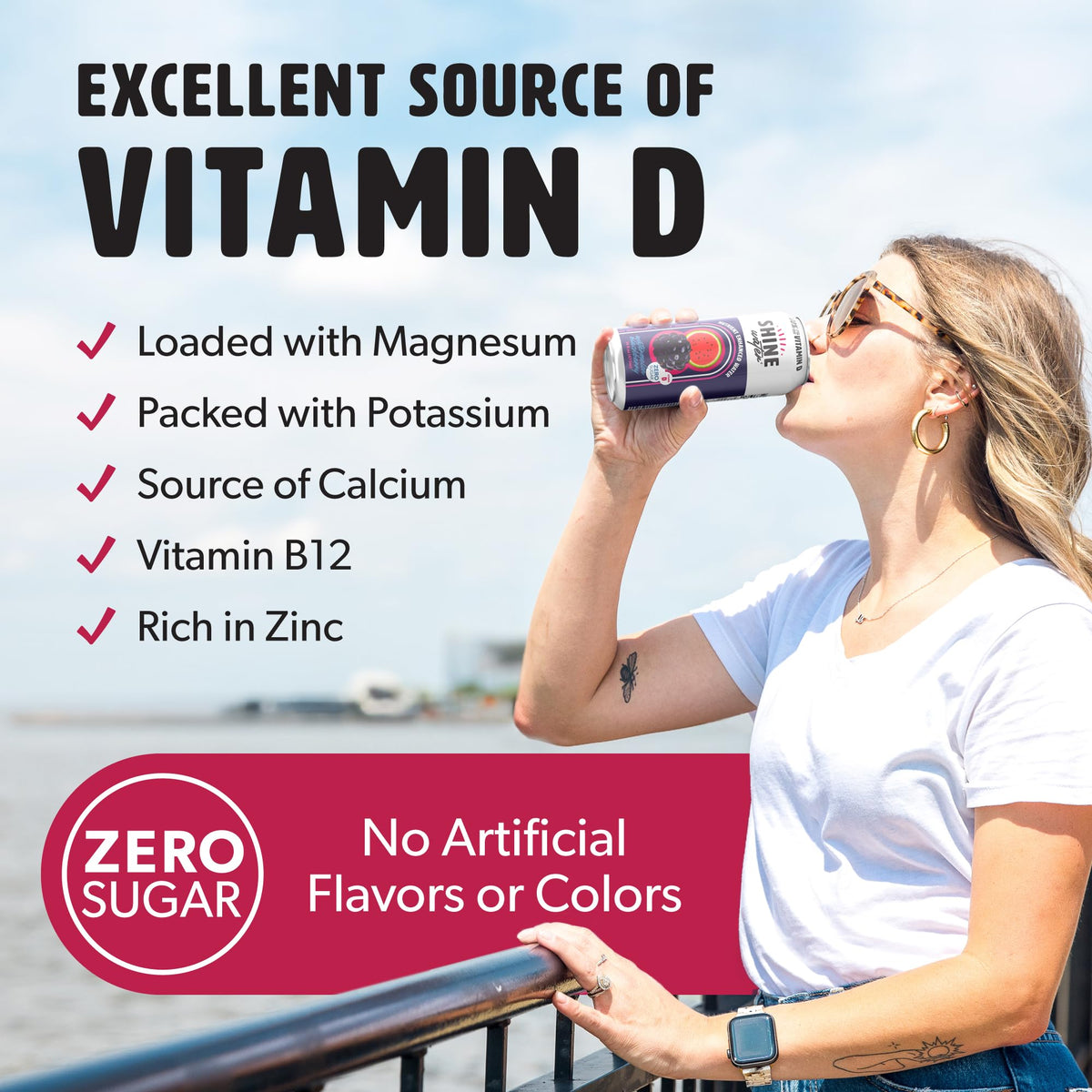 ShineWater Watermelon Blackberry Vitamin D Electrolyte Drink 12-Pack | Zero Sugar, Low-Cal Hydration