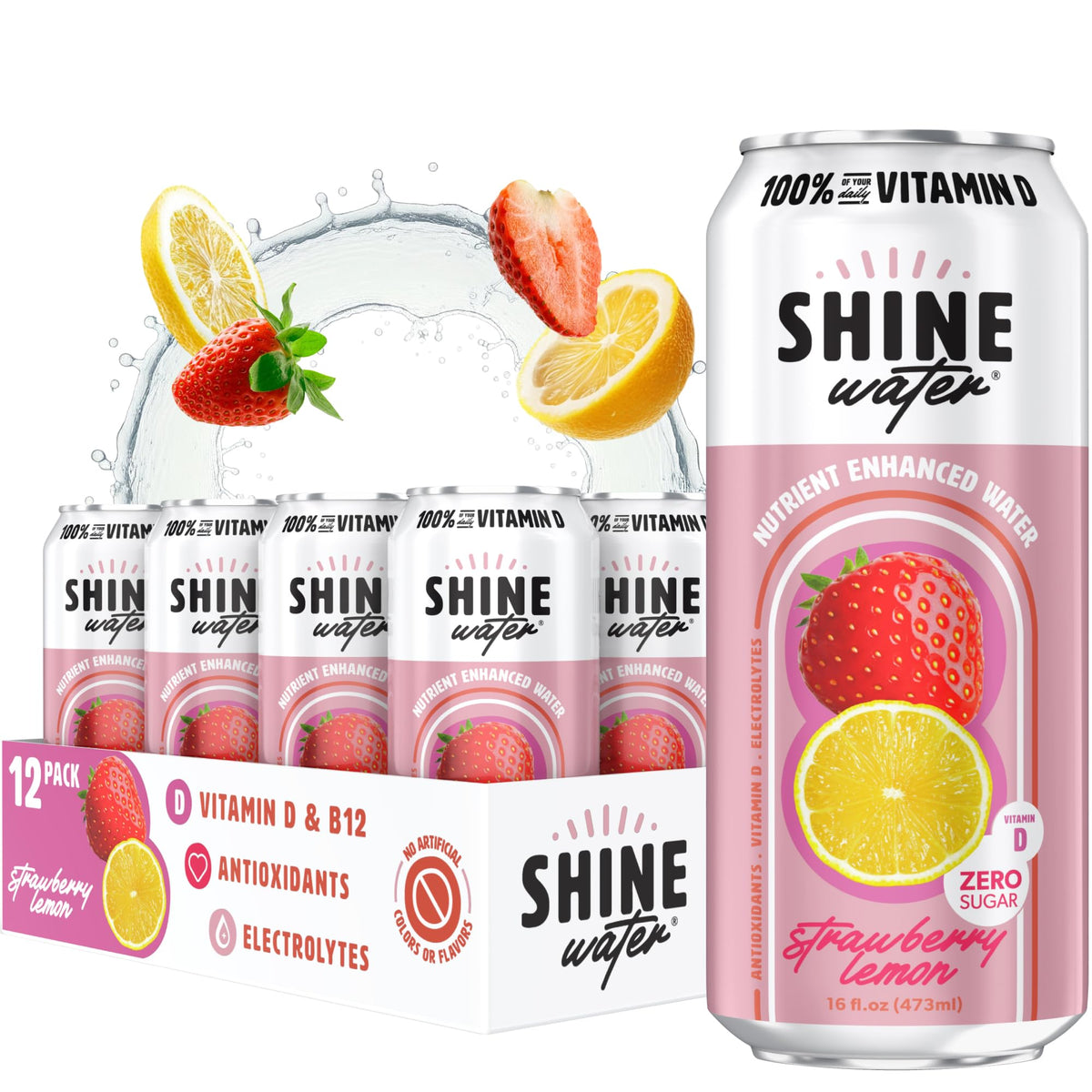 ShineWater Strawberry Lemon Vitamin D Electrolyte Drinks 12-Pack – Zero Sugar, Low-Calorie Hydration