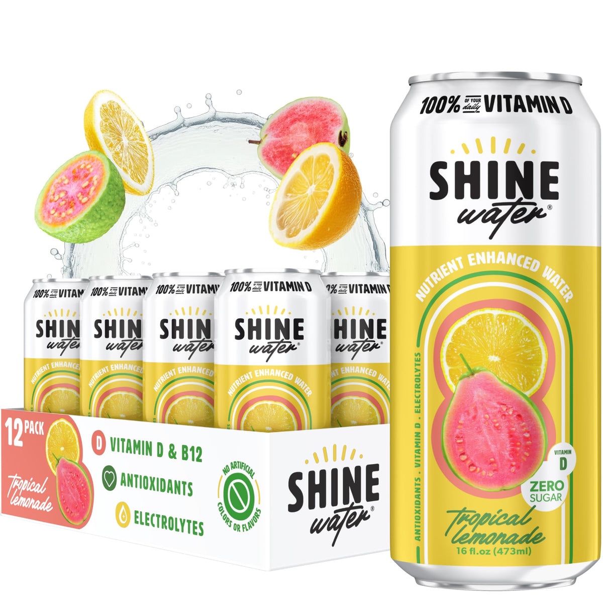ShineWater Tropical Lemonade Vitamin D Electrolyte Drink 12-Pack – Zero Sugar, Low Calorie
