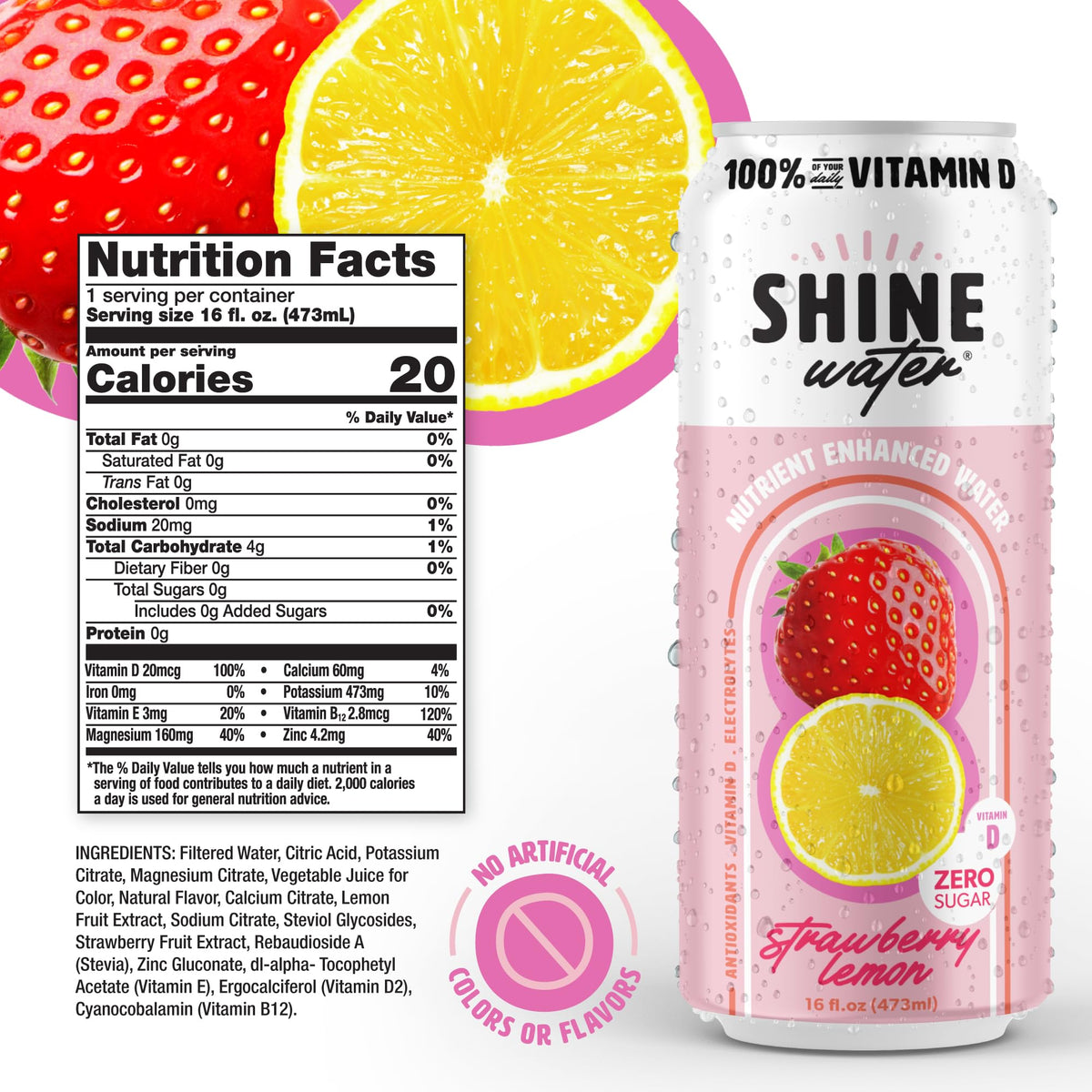 ShineWater Strawberry Lemon Vitamin D Electrolyte Drinks 12-Pack – Zero Sugar, Low-Calorie Hydration