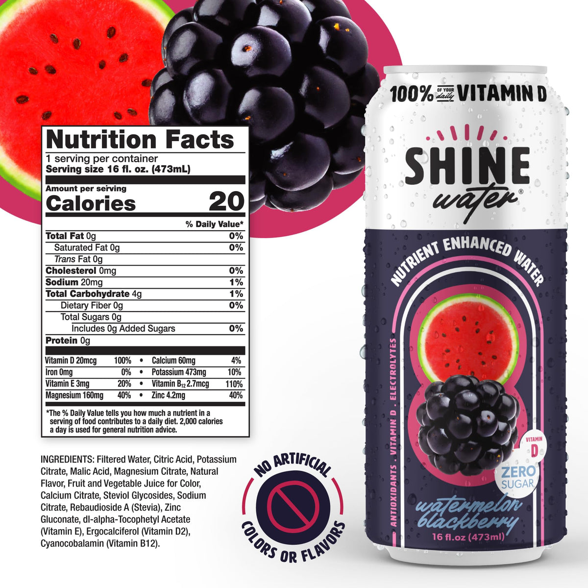 ShineWater Watermelon Blackberry Vitamin D Electrolyte Drink 12-Pack | Zero Sugar, Low-Cal Hydration