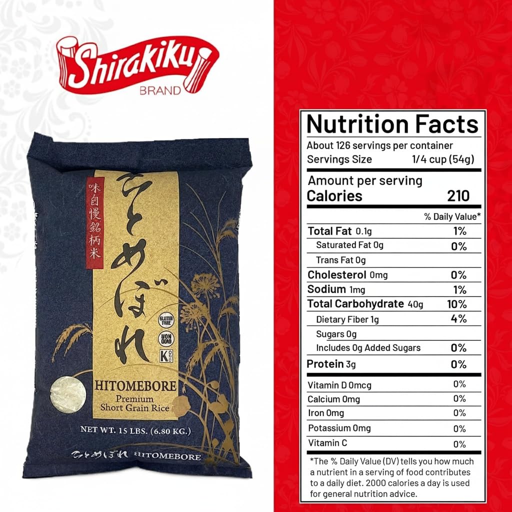 Shirakiku Hitomebore Short Grain Rice – Gluten-Free Japanese Sushi-Style Rice, 15 lb