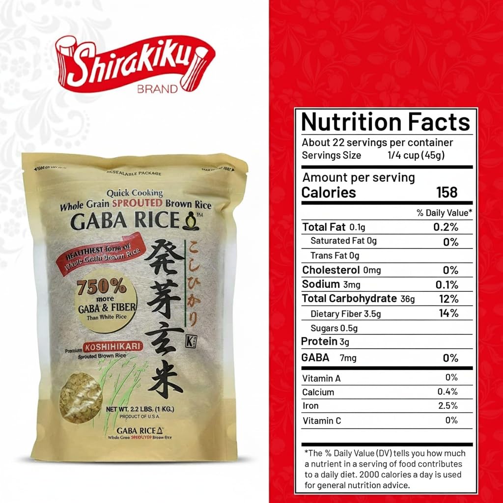Shirakiku Koshihikari Premium Sprouted Brown GABA Rice – 2.2 lb Pack of 4