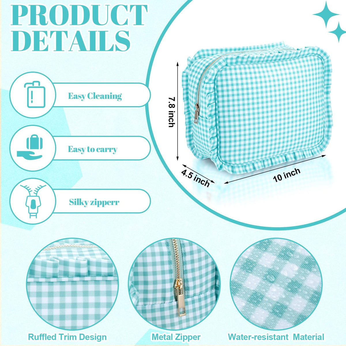 SilTriangle Mint Gingham Ruffle Makeup Bag 10 x 8 x 4.5 Inches Large Ruffle Pouch Travel Cute Checkered Cosmetic Toiletry Bag with Zipper for Women Girls, Toiletry Pouch Make up Organizer Gift