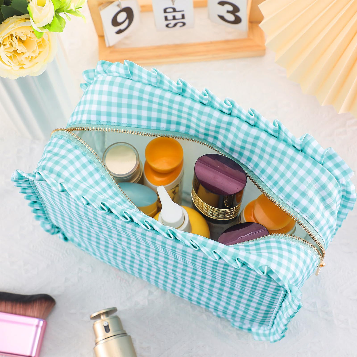 SilTriangle Mint Gingham Ruffle Makeup Bag 10 x 8 x 4.5 Inches Large Ruffle Pouch Travel Cute Checkered Cosmetic Toiletry Bag with Zipper for Women Girls, Toiletry Pouch Make up Organizer Gift