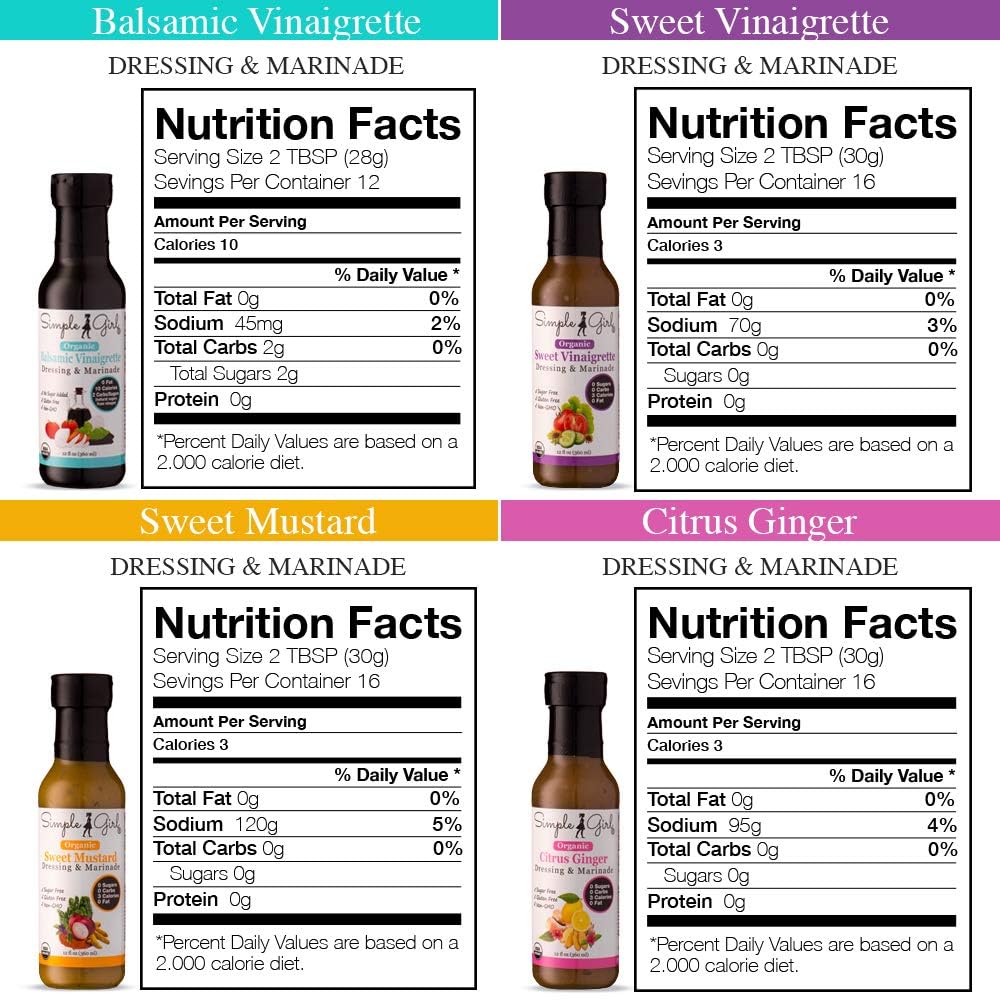 Simple Girl Organic Salad Dressing Variety Pack — Sugar Free, Low Carb, Vegan, Gluten Free (4 x 12 oz)