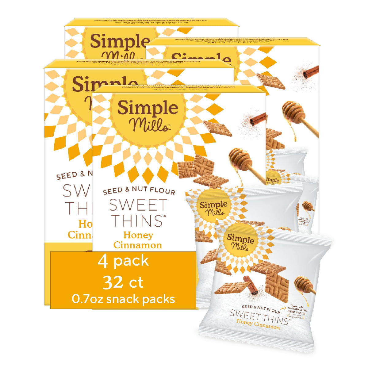 Simple Mills Honey Cinnamon Sweet Thins Snack Packs – 8 Pouches per Box (Pack of 4)