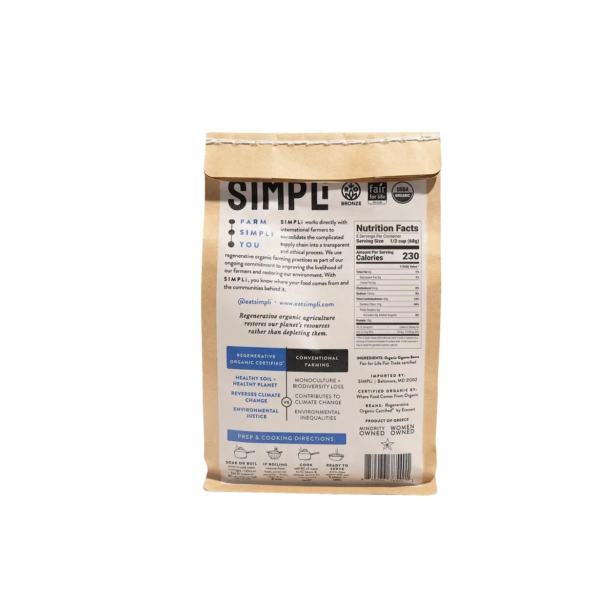 SIMPLi Regenerative Organic Gigante Beans | Dried White Beans, High Fiber, USDA Organic (4x12 oz)