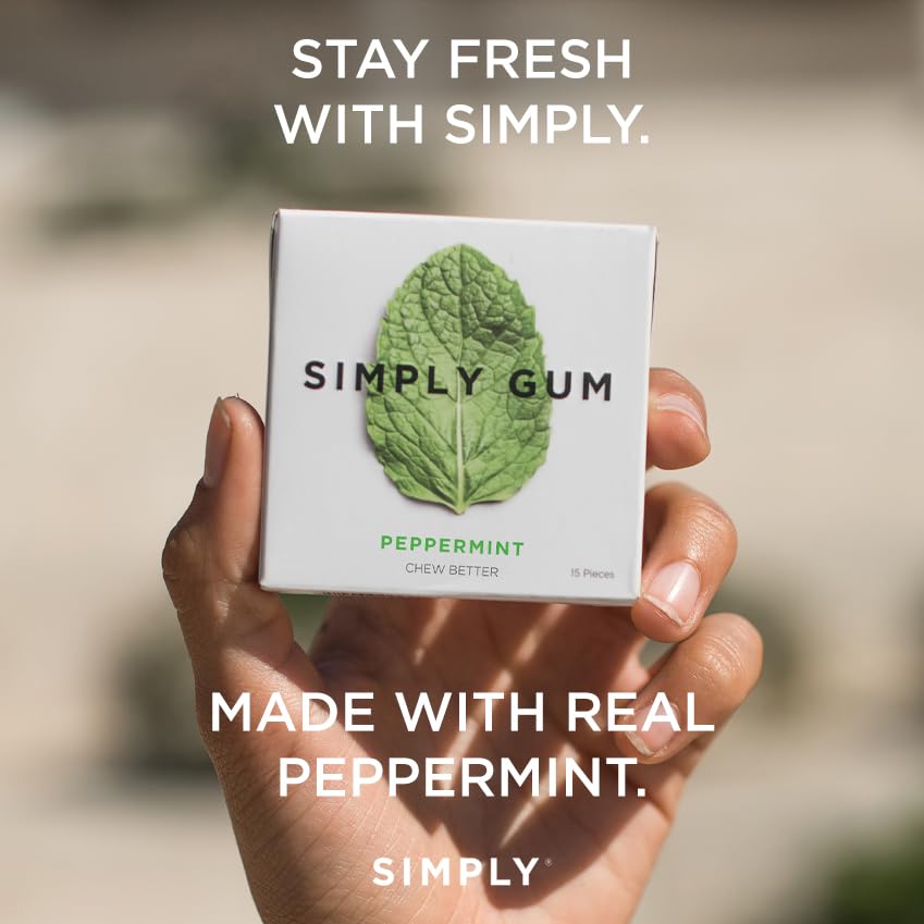 SIMPLY Gum Peppermint — Plastic-Free Natural Chewing Gum (12 Pack, 180 Pieces) | Vegan, Kosher, Non-GMO, Aspartame-Free, Sorbitol-Free