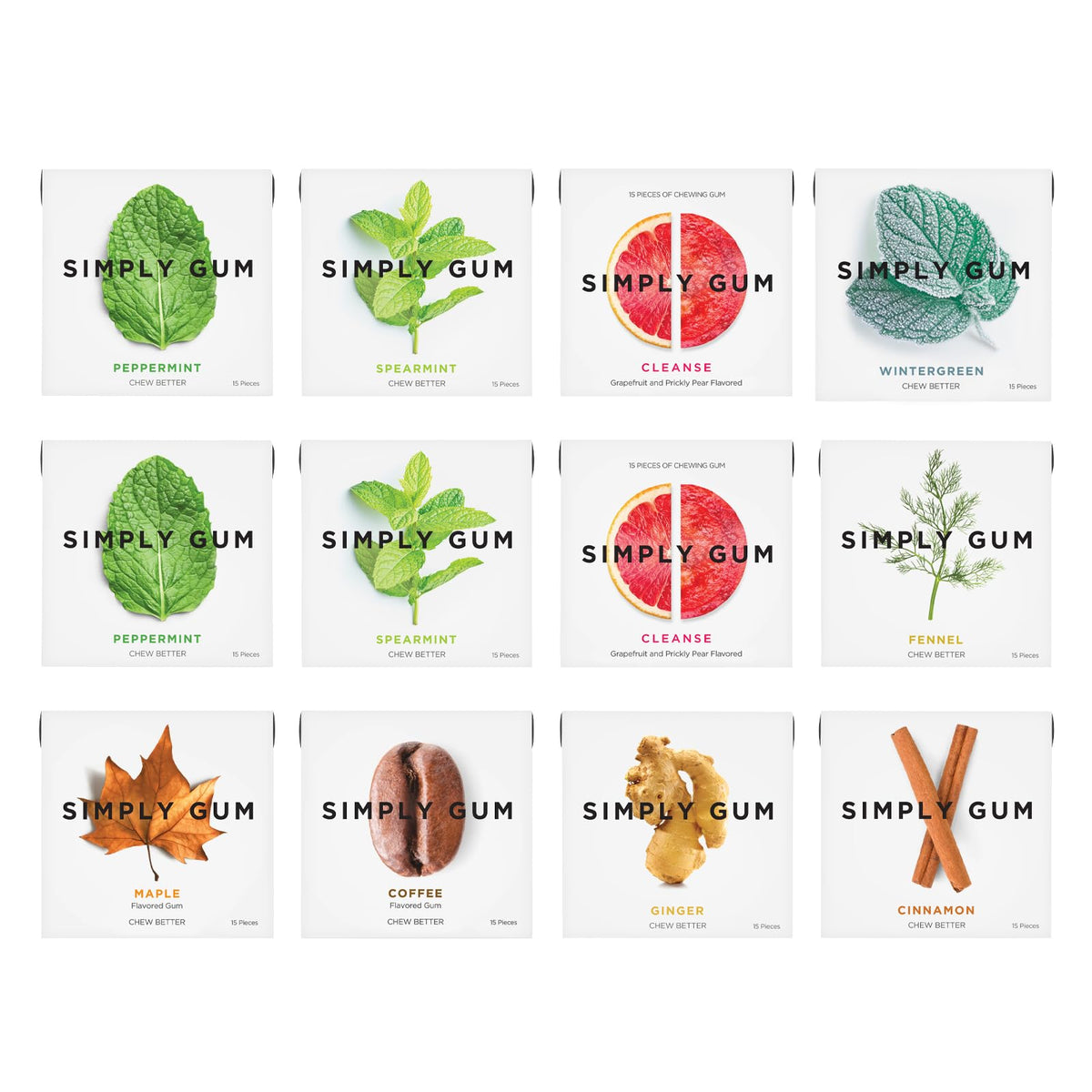 SIMPLY Gum Variety Pack (Assorted Flavors) – Plastic-Free Natural Chewing Gum, 12 Pack (180 Pieces) | Vegan, Kosher, Non-GMO, Aspartame-Free and Sorbitol-Free