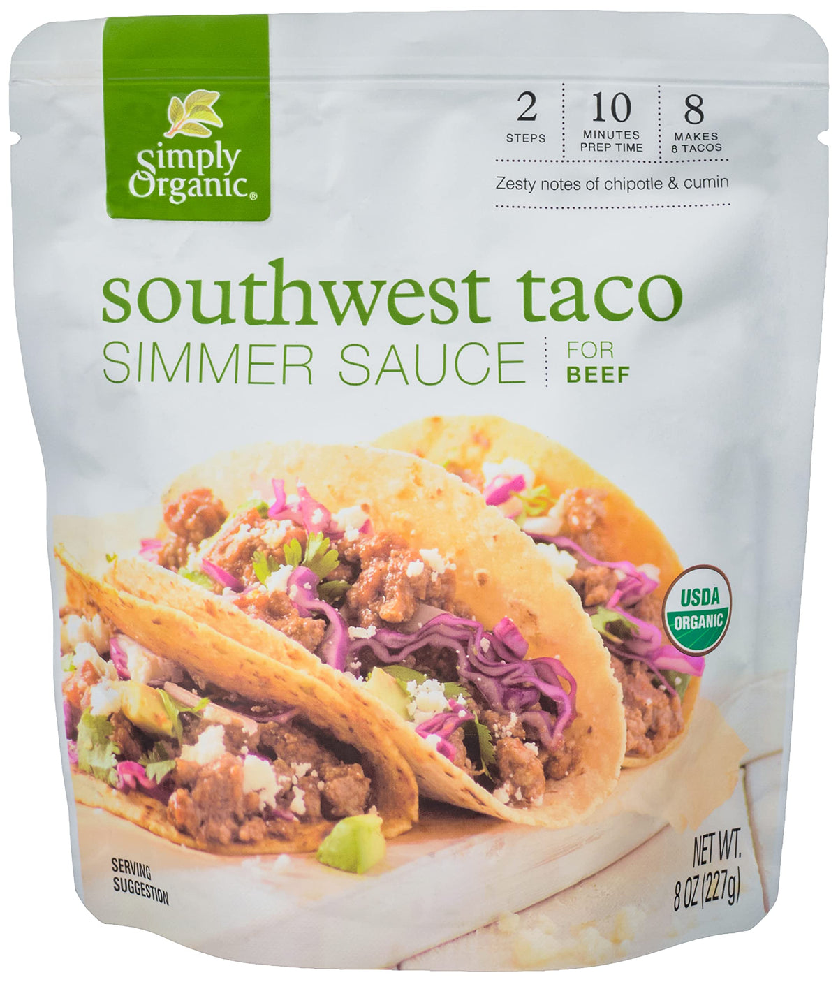 Simply Organic Southwest Taco Simmer Sauce – 8 oz Pouch (Pack of 6) | Bold Flavor for Beef, Pork or Chicken Tacos