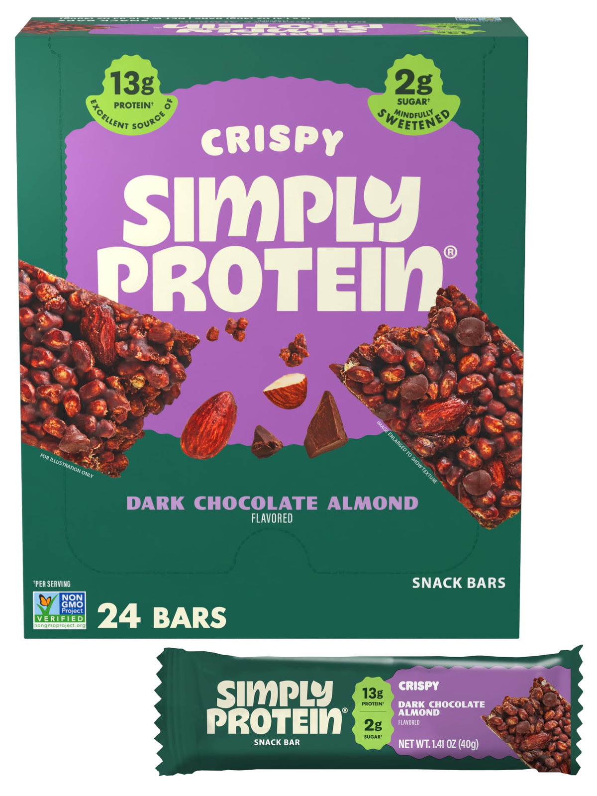 Simply Protein Dark Chocolate Almond Crispy Bars – 24 Bars | 13g Protein, 2g Sugar, 7g Fiber | Plant-Based, Gluten Free