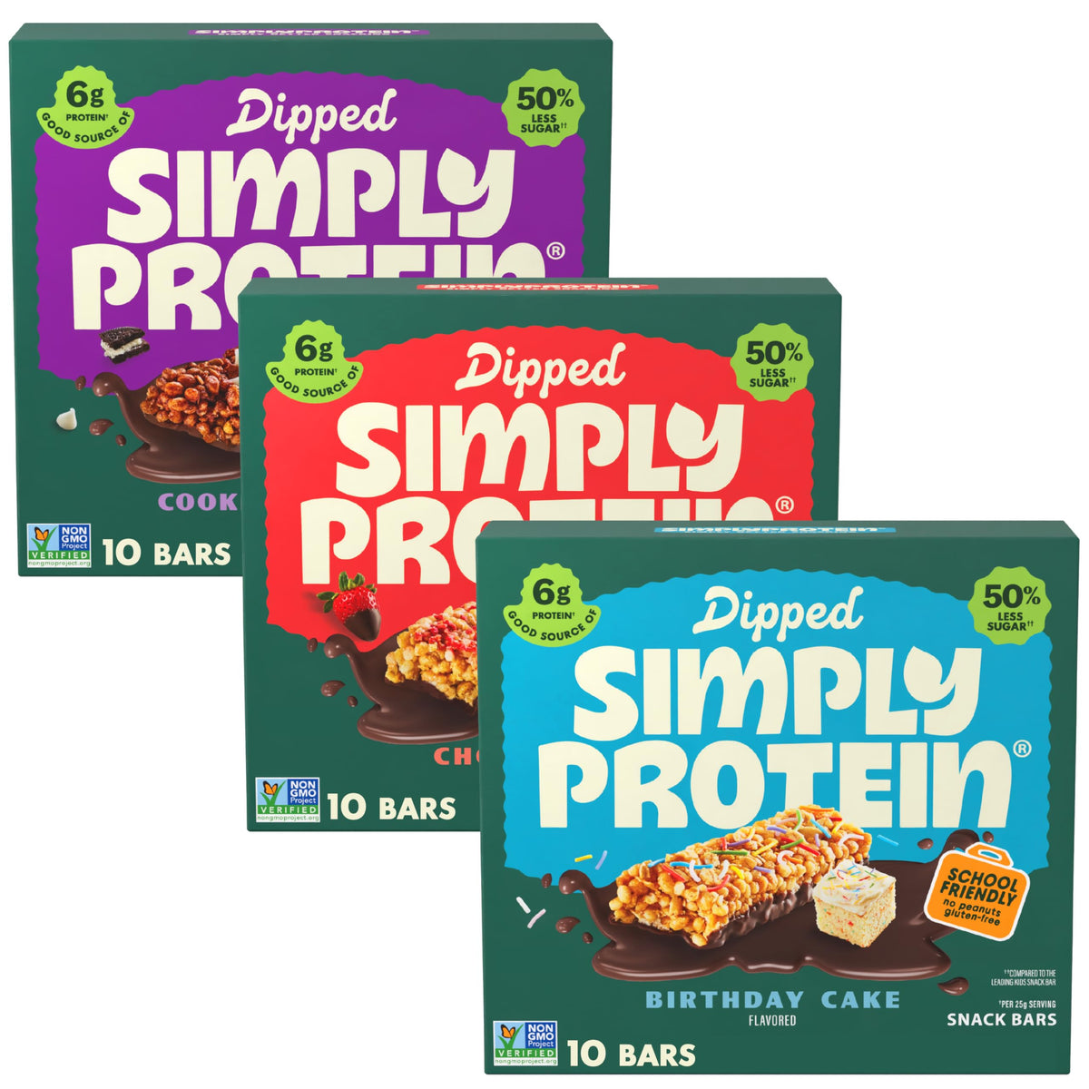 Simply Protein Dipped Bars Variety Pack – 30 Count (Cookies & Creme, Chocoberry, Birthday Cake) | 6g Protein, 3g Sugar, 100 Calories