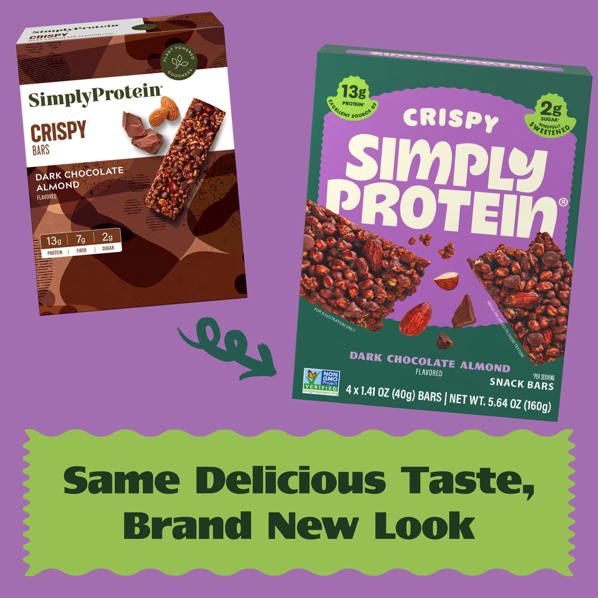 Simply Protein Dark Chocolate Almond Crispy Bars – 24 Bars | 13g Protein, 2g Sugar, 7g Fiber | Plant-Based, Gluten Free