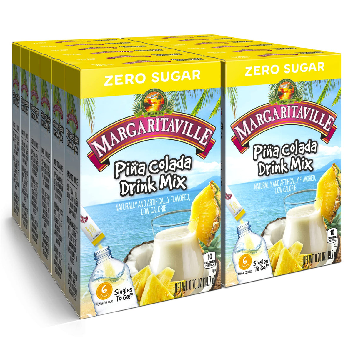 SINGLES TO GO! Margaritaville Pina Colada Drink Mix — 72 Servings, 12 Boxes, 0.65 oz Each