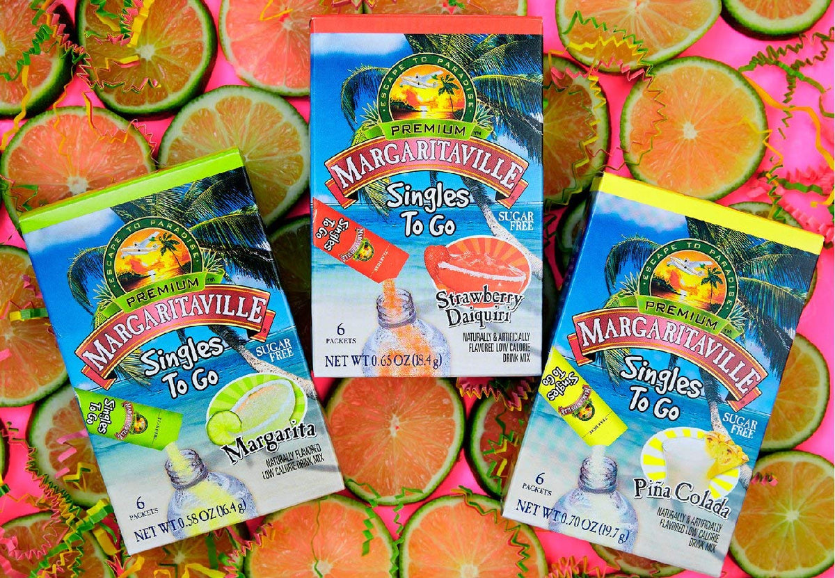 SINGLES TO GO! Margaritaville Pina Colada Drink Mix — 72 Servings, 12 Boxes, 0.65 oz Each
