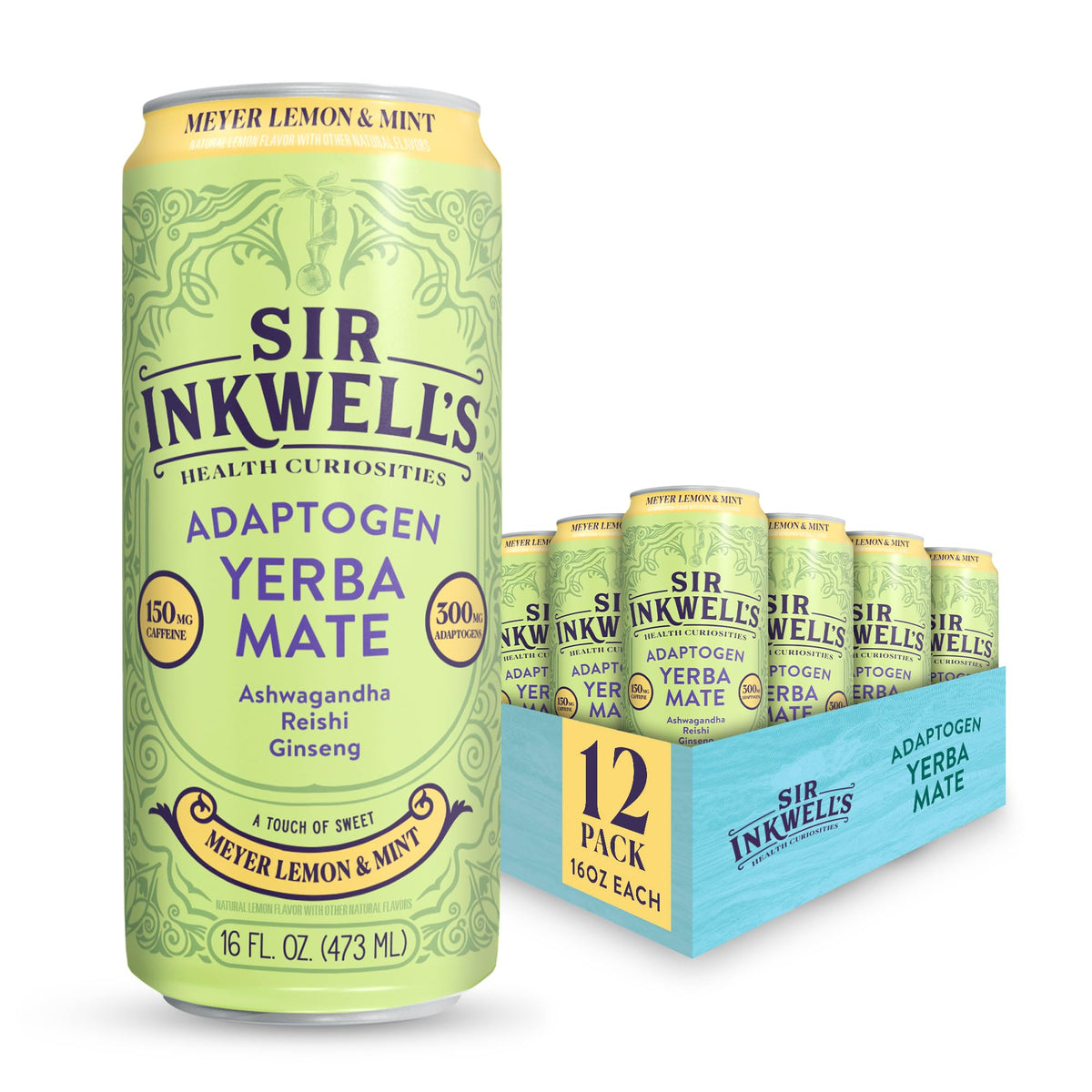 Sir Inkwell's Adaptogen Yerba Mate Tea – Meyer Lemon & Mint, 150mg Caffeine + 300mg Adaptogens, 16oz (12pk)