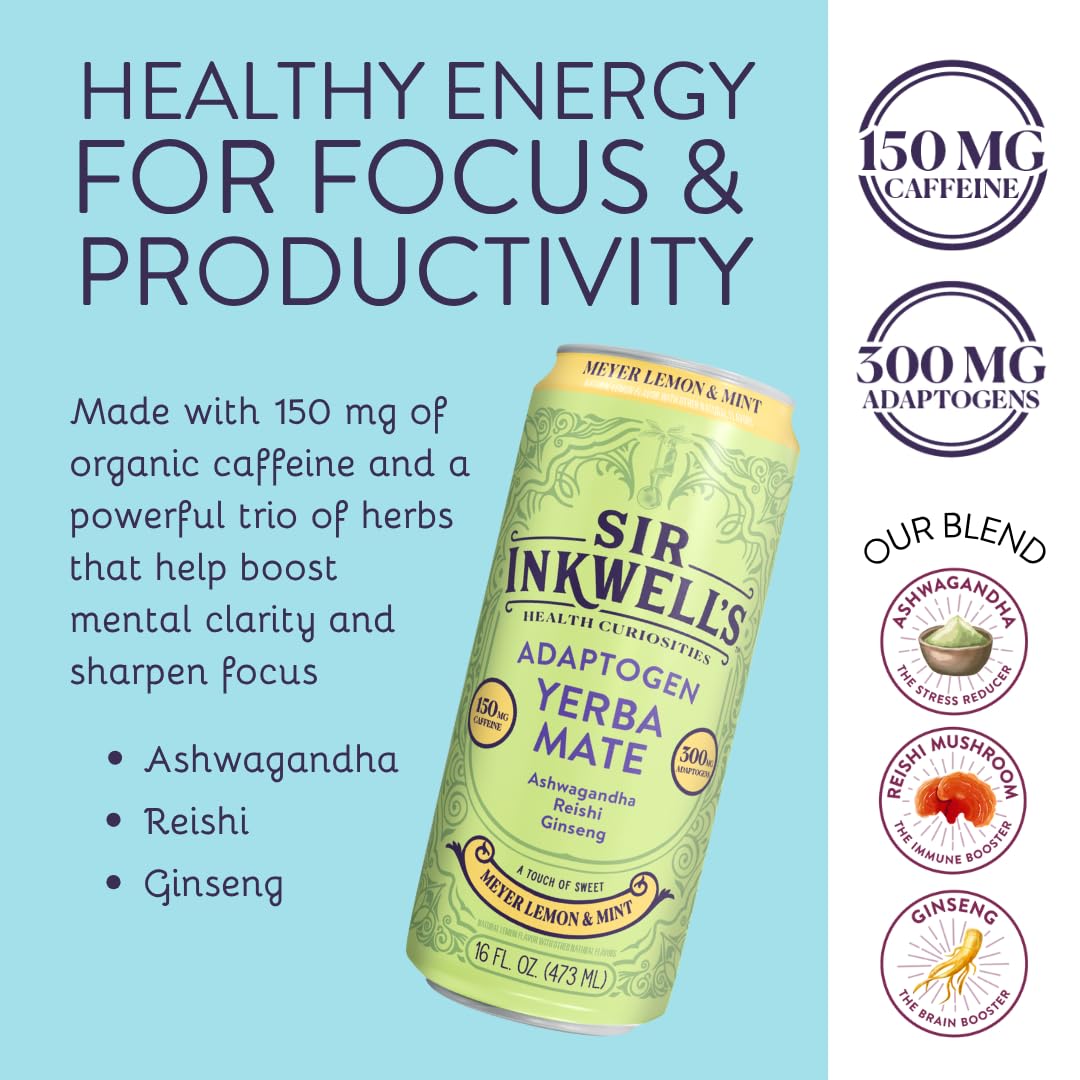 Sir Inkwell's Adaptogen Yerba Mate Tea – Meyer Lemon & Mint, 150mg Caffeine + 300mg Adaptogens, 16oz (12pk)