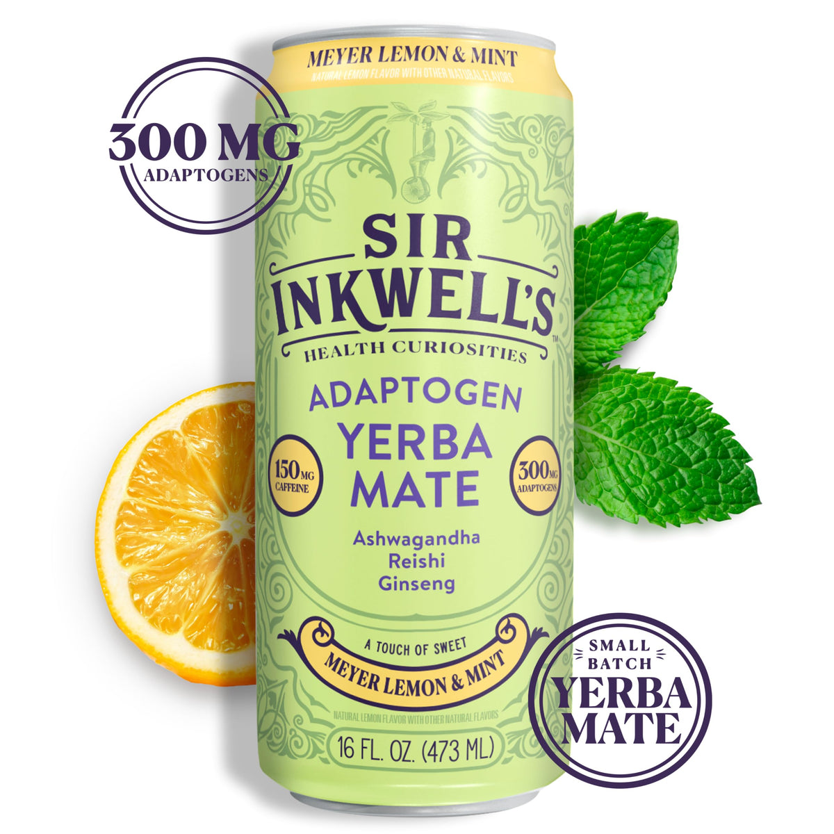 Sir Inkwell's Adaptogen Yerba Mate Tea – Meyer Lemon & Mint, 150mg Caffeine + 300mg Adaptogens, 16oz (12pk)