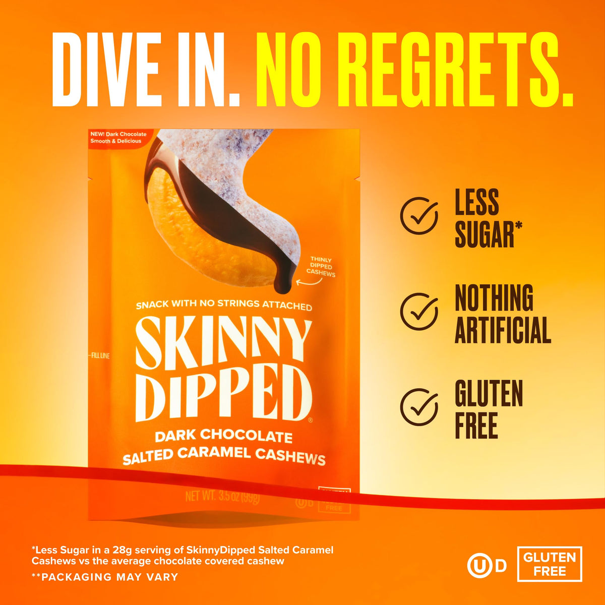 SkinnyDipped Salted Caramel Cashews — Gluten Free, Kosher Plant Protein Snack, 3.5oz Bags, Pack of 5