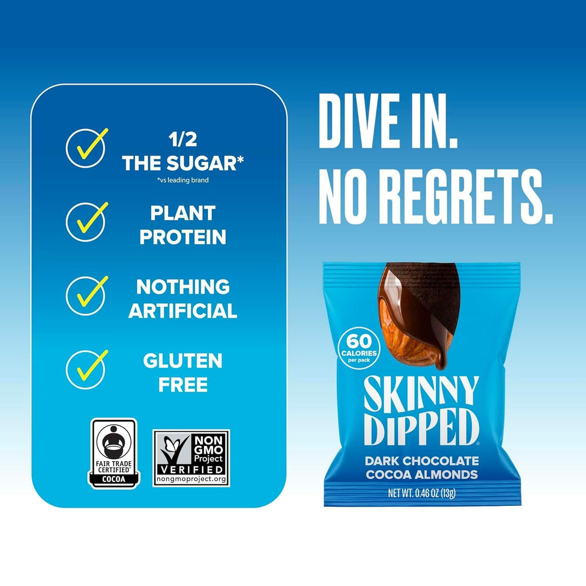 SKINNYDIPPED Dark Chocolate Cocoa Almonds — Gluten Free Plant Protein Snack, 24 Mini Bags