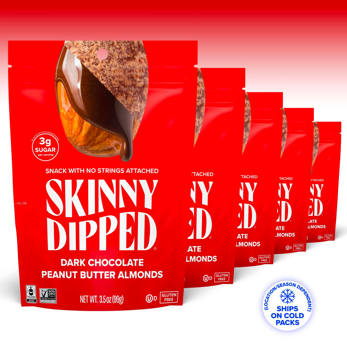 SkinnyDipped Dark Chocolate Peanut Butter Almonds – Gluten Free Plant Protein Snack, 5 x 3.5 oz Bags