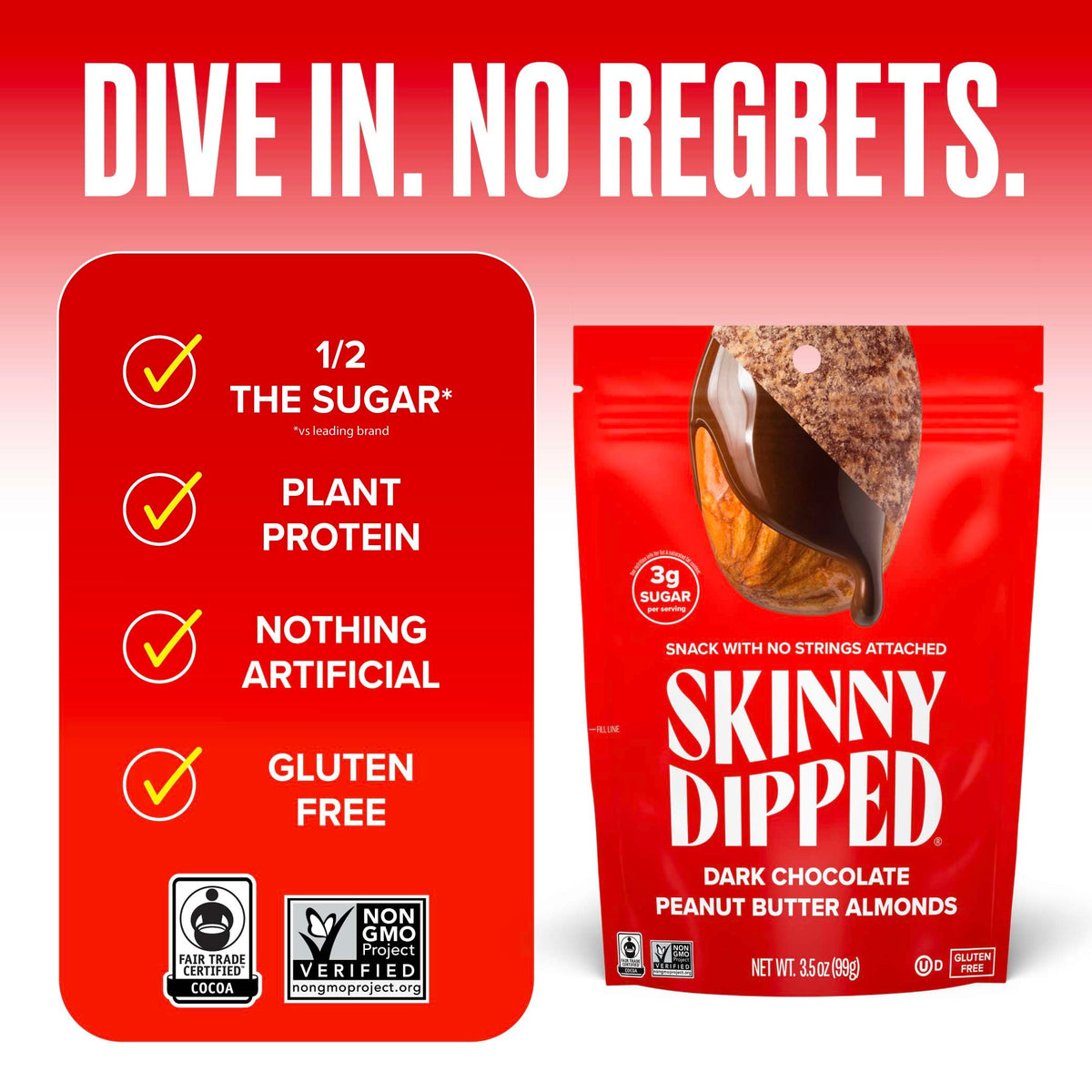 SkinnyDipped Dark Chocolate Peanut Butter Almonds – Gluten Free Plant Protein Snack, 5 x 3.5 oz Bags