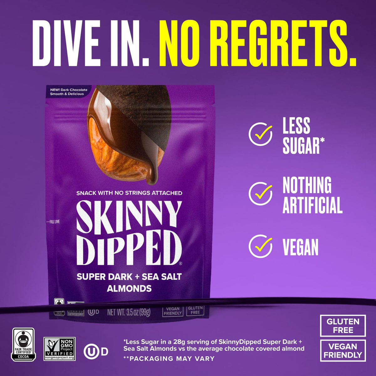 SkinnyDipped Super Dark Chocolate & Sea Salt Almonds – Vegan, Gluten Free, Pack of 5