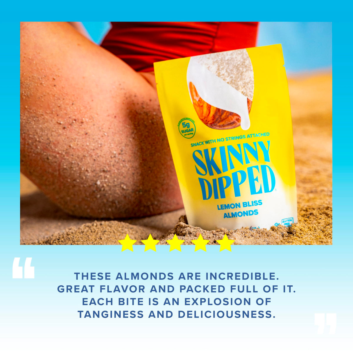 SkinnyDipped Lemon Bliss Almonds – Gluten Free Plant Protein Snack | 3.5 oz Resealable Bags, Pack of 5