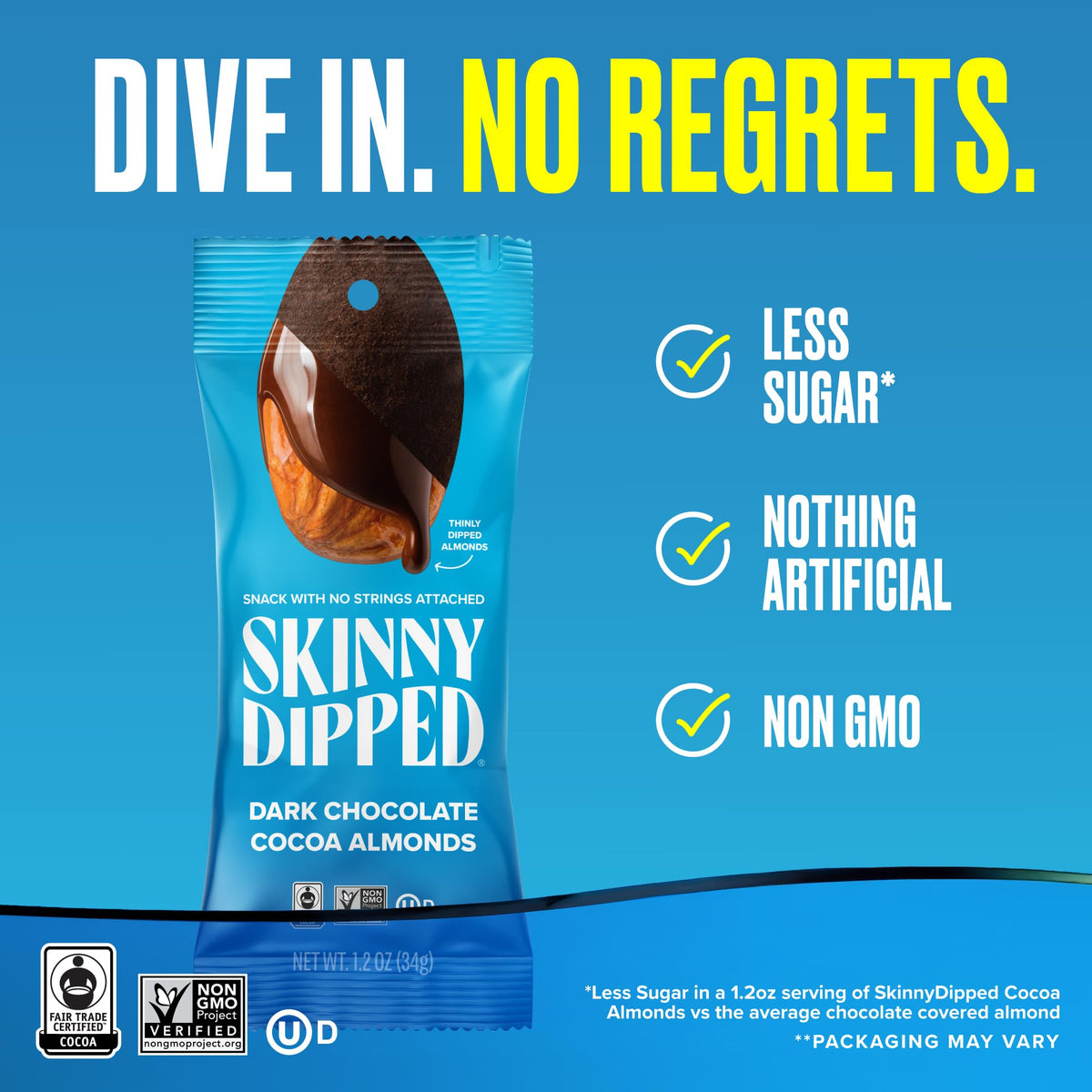 SkinnyDipped Dark Chocolate Cocoa Almonds – Low Sugar, Gluten Free Snack (15 Pack) | SKINNYDIPPED