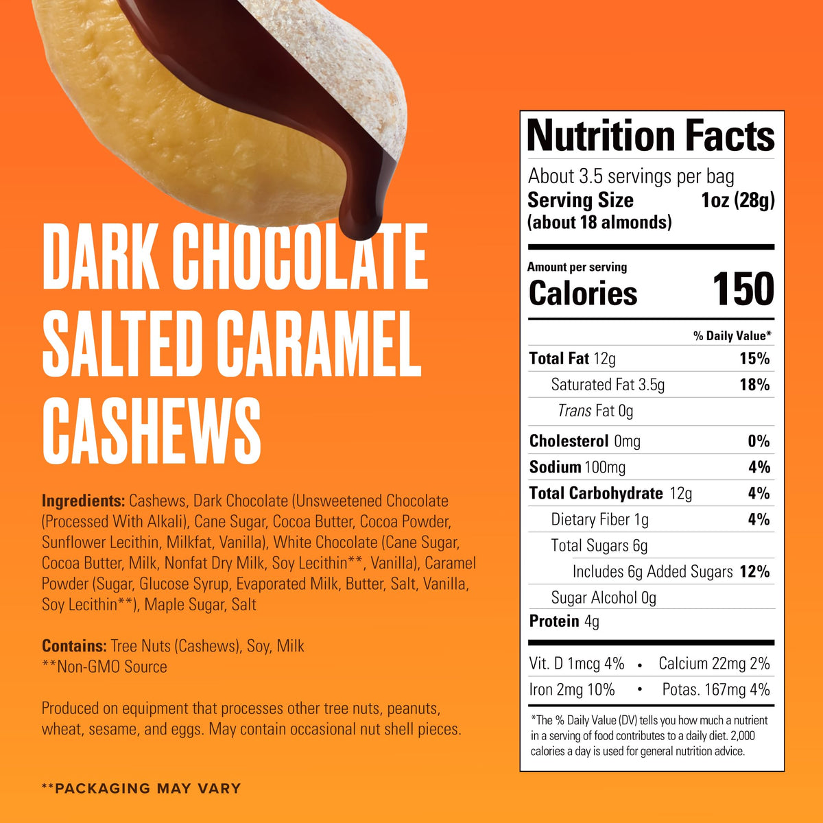 SkinnyDipped Salted Caramel Cashews — Gluten Free, Kosher Plant Protein Snack, 3.5oz Bags, Pack of 5