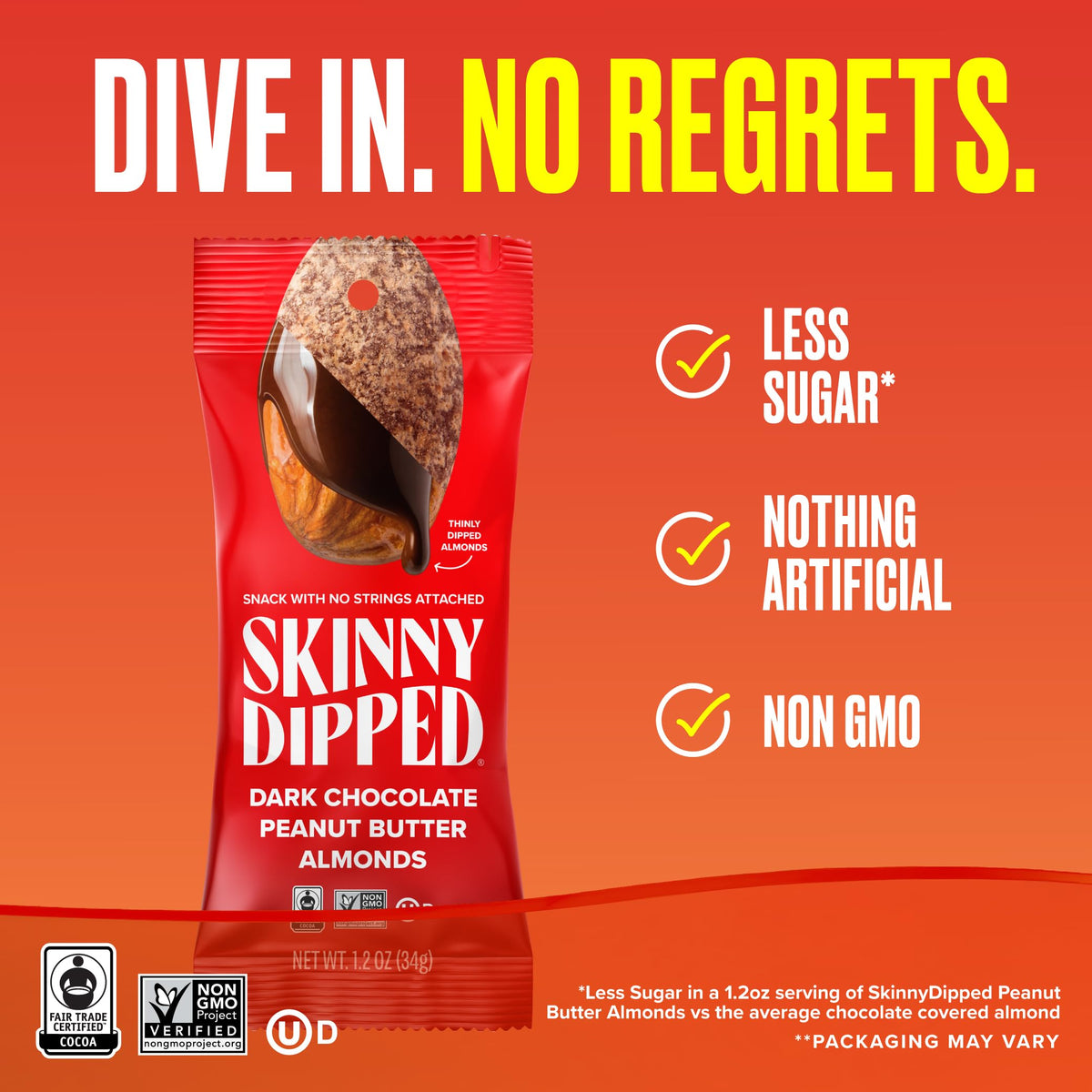 SkinnyDipped Dark Chocolate Peanut Butter Almonds — Low Sugar, Gluten Free, 15-Pack