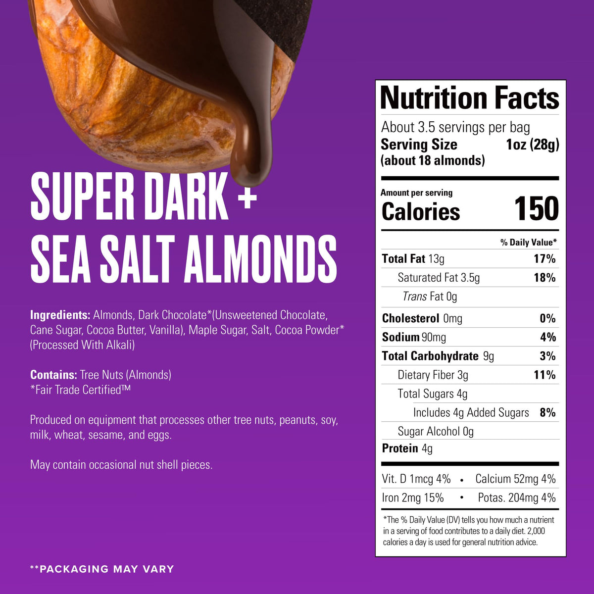 SkinnyDipped Super Dark Chocolate & Sea Salt Almonds – Vegan, Gluten Free, Pack of 5