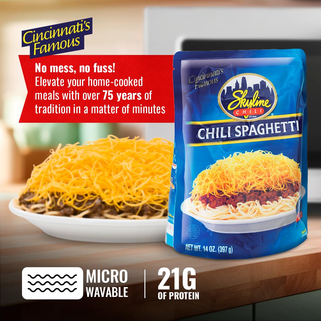 Skyline Chili & Spaghetti – Cincinnati-Style, Microwavable Pouches (14 oz) – Pack of 8