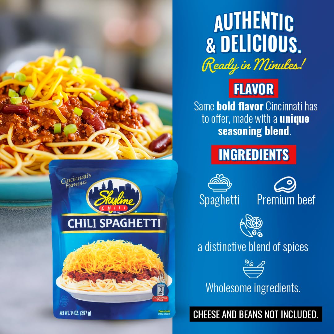 Skyline Chili & Spaghetti – Cincinnati-Style, Microwavable Pouches (14 oz) – Pack of 8