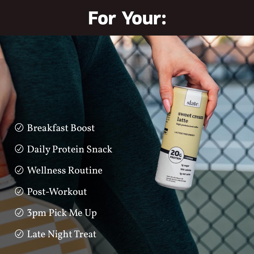 Slate Milk - High Protein Iced Coffee - Sweet Cream Latte | 11 fl oz Can, 175mg Caffeine, Lactose Free, 20g Protein, 1g Sugar, 100 Calories, 1g Net Carbs, No Sugar Added