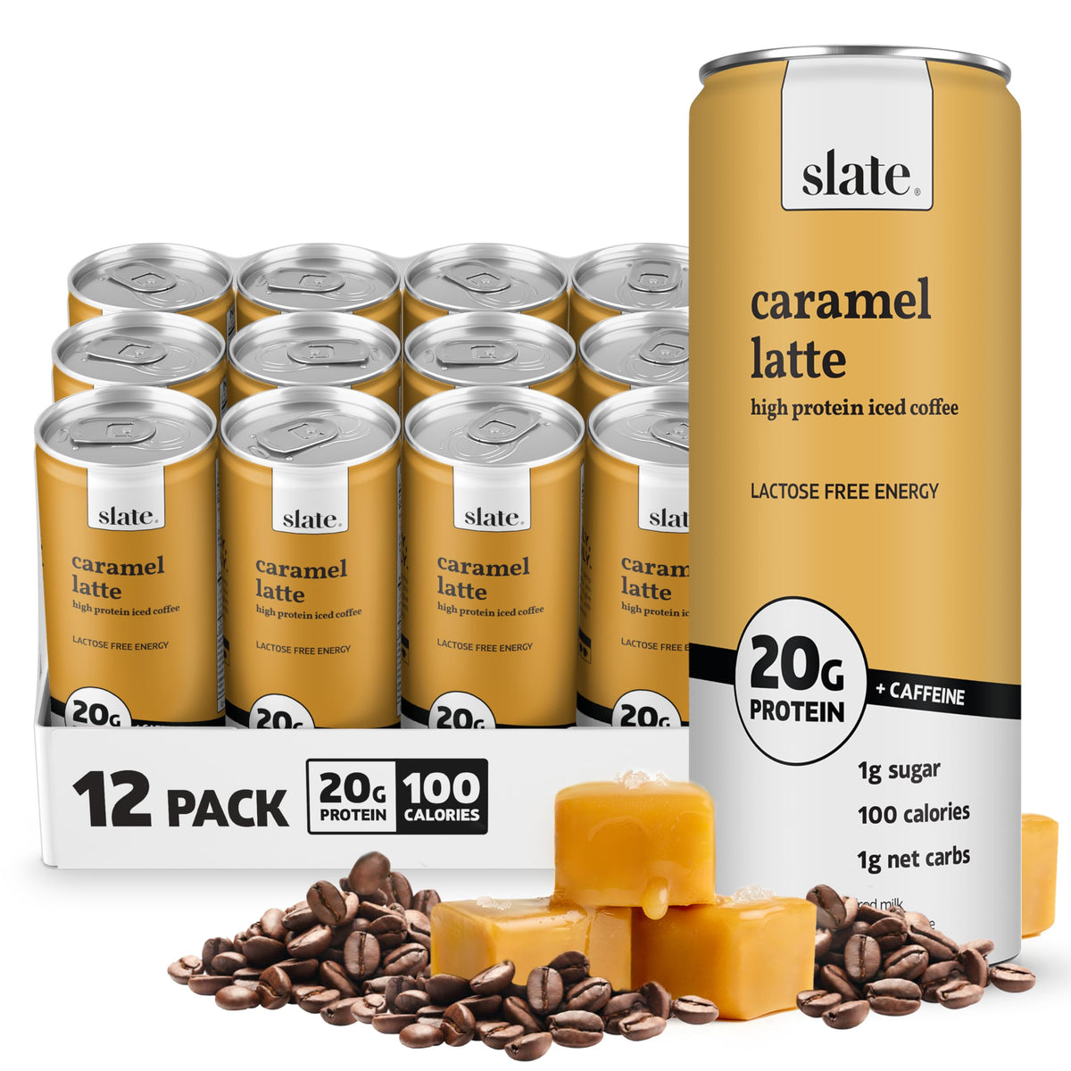 Slate Milk Caramel Latte Iced Coffee – 20g Protein, 175mg Caffeine, Lactose Free, 11 oz Can (12-Pack)
