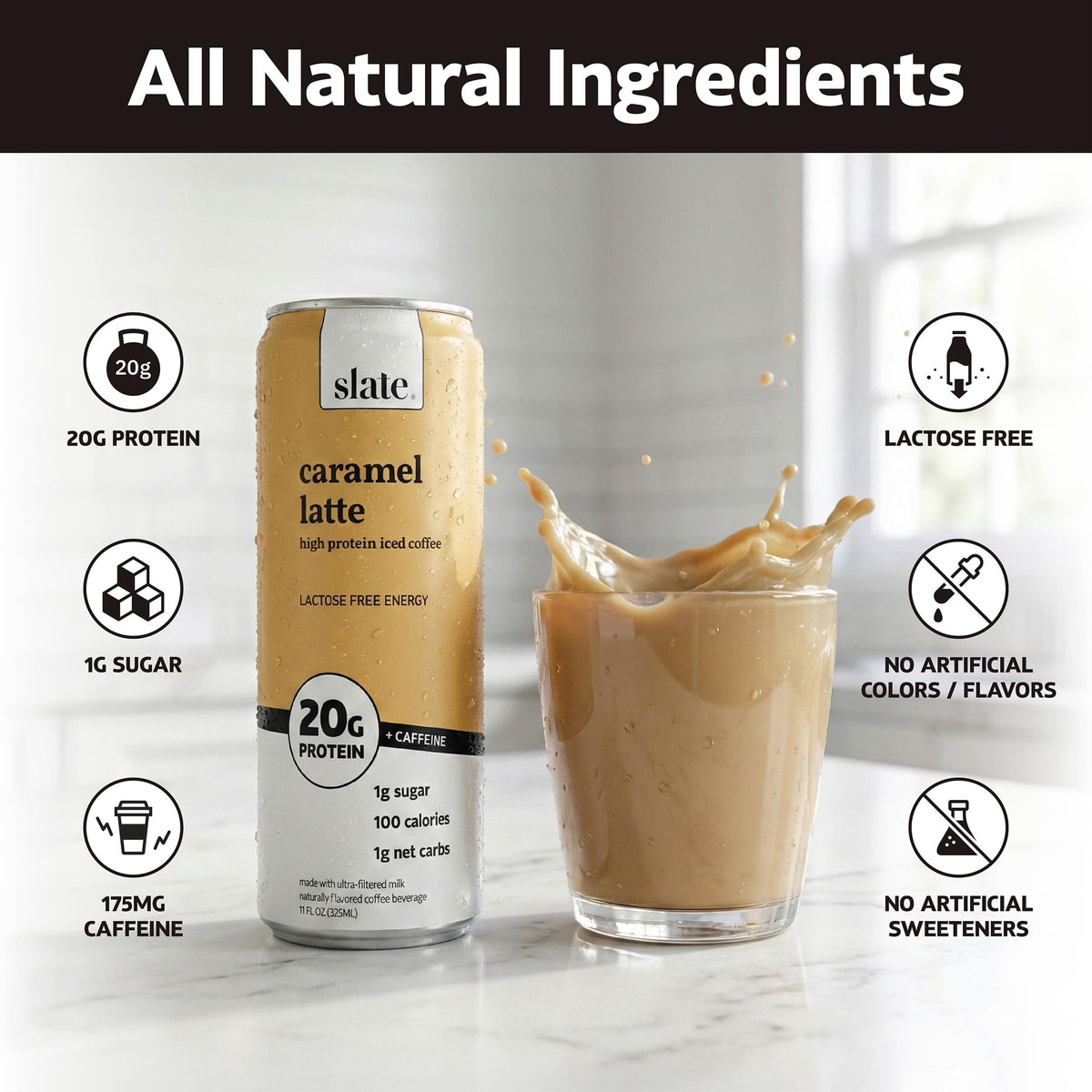 Slate Milk Caramel Latte Iced Coffee – 20g Protein, 175mg Caffeine, Lactose Free, 11 oz Can (12-Pack)
