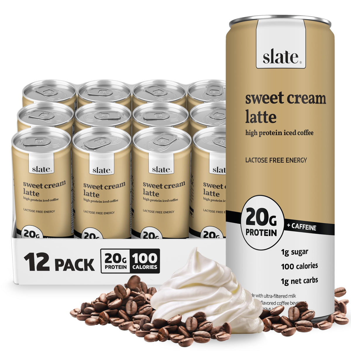 Slate Milk - High Protein Iced Coffee - Sweet Cream Latte | 11 fl oz Can, 175mg Caffeine, Lactose Free, 20g Protein, 1g Sugar, 100 Calories, 1g Net Carbs, No Sugar Added