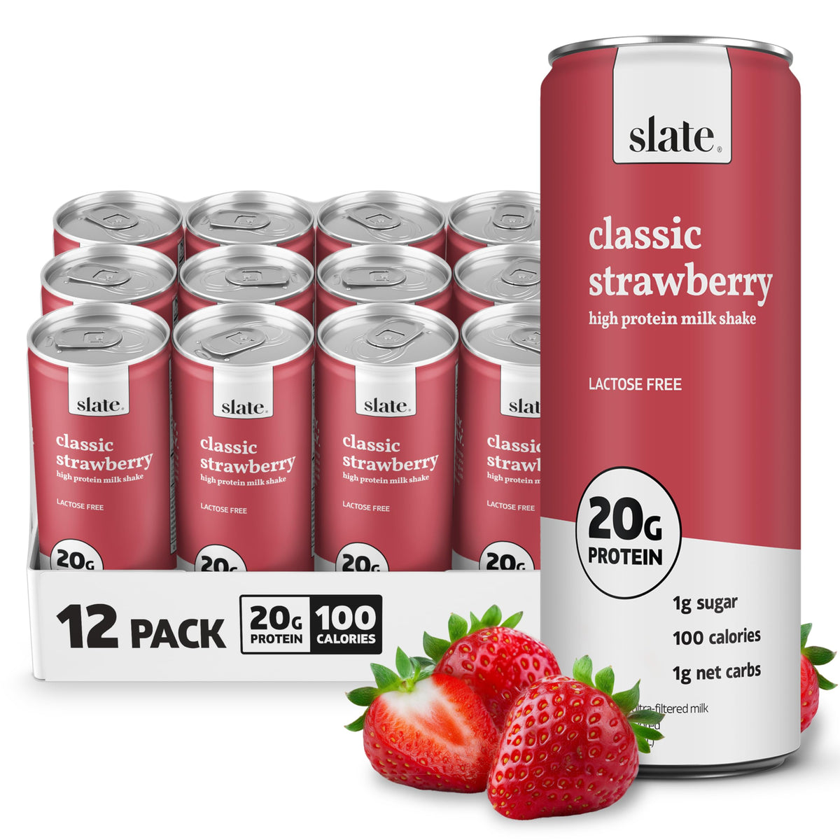 Slate Milk - High Protein Milk Shake (Classic Strawberry) | Lactose Free, 20g Protein, 1g Sugar, 100 Calories