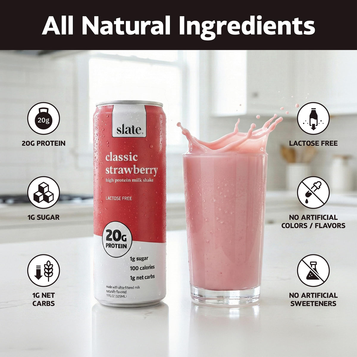 Slate Milk - High Protein Milk Shake (Classic Strawberry) | Lactose Free, 20g Protein, 1g Sugar, 100 Calories